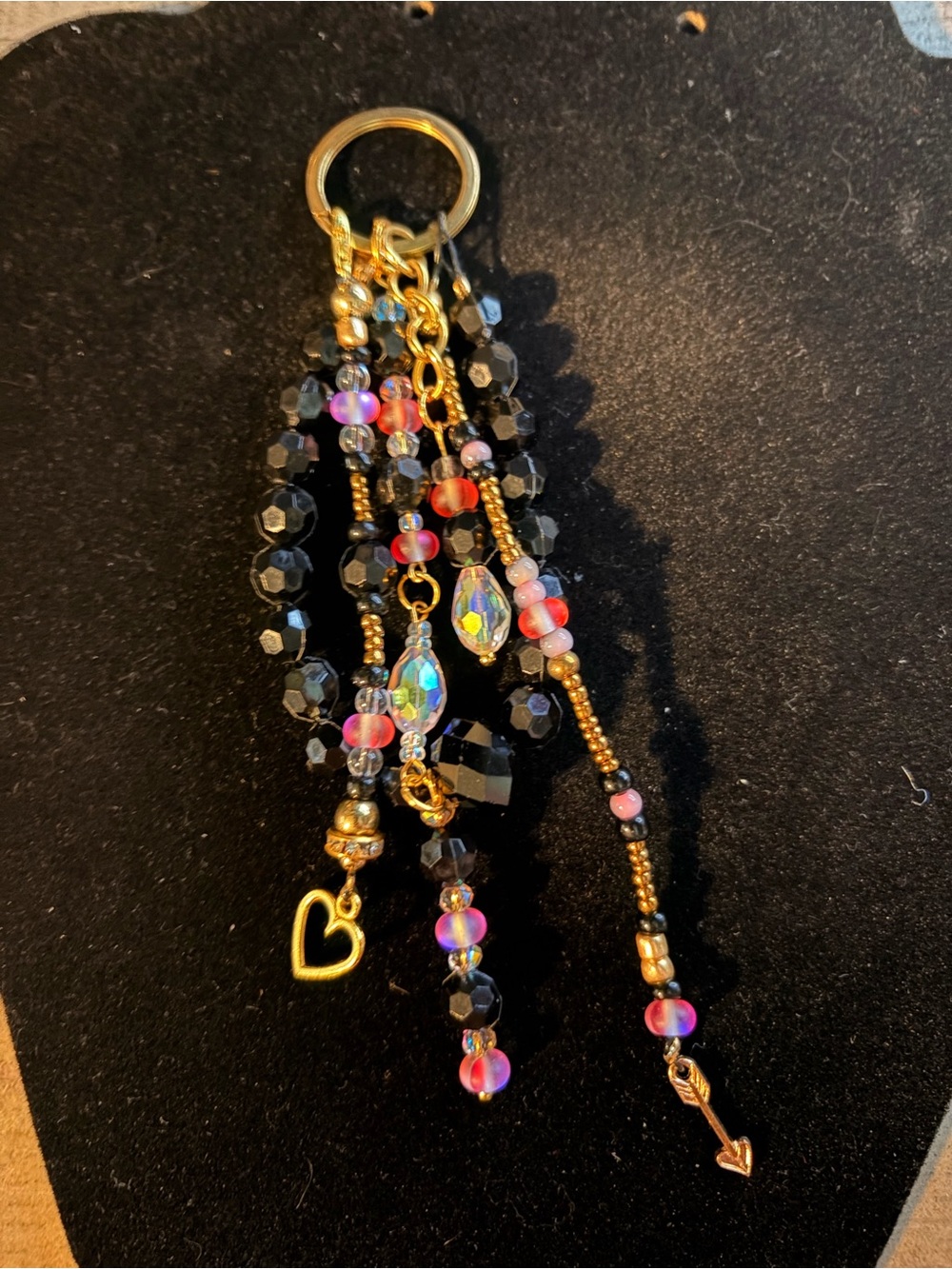 Handcrafted Gold-Tone Black and Pink Beaded Charm Keychain/ Bag Bling
